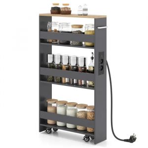 Chariot de Cuisine &Eacute;troit 13 CM COSTWAY &agrave; 4 &Eacute;tag&egrave;res, Station de Recharge, Roues Verrouillables, Garde-Corps, Gris et Naturel