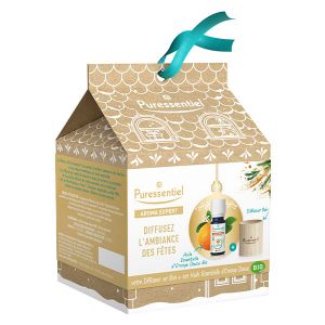 Puressentiel Coffret Noël Diffuseur en Bois de Frêne écoresponsable + Huile Essentielle Orange Douce Bio 10ml HEBBD 100% Pure et naturel