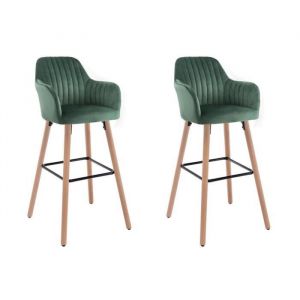 Lot de 2 tabourets de bar en velours et métal effet bois de tre Vert foncé ELEANA