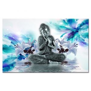 Image de Tableau Déco Ambiance Zen Déco Bouddha et Fleurs - Zen - 80x50 cm - Turquoise