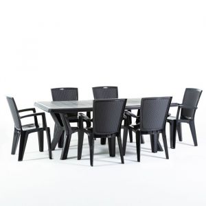 Ensemble table rectangulaire et 6 chaises en résine effet rotin noir