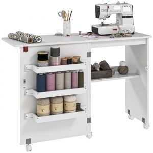 Homcom Table de couture pliante - à abattant - bacs de rangement, étagère ouverte et roulettes - dim. 118 x 40 x 79,5 cm - blanc