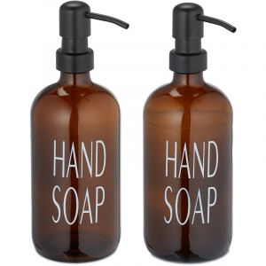 Relaxdays Distributeur de Savon, Lot de 2, Porte-Savon Liquide, Rechargeable, tête de Pompe, Inscription, 500 ML, Marron