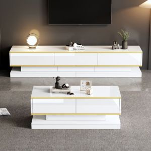 Ensemble meuble TV et table basse haute brillance - Meuble TV 3 tiroirs - Table basse 2 tiroirs - Finition dor&eacute;e - Blanc