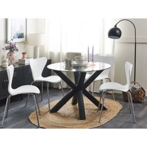 Beliani Table de Salle &agrave; Manger Ronde Moderne avec Plateau en Verre &oslash;100 cm Base en M&eacute;tal noir Otium