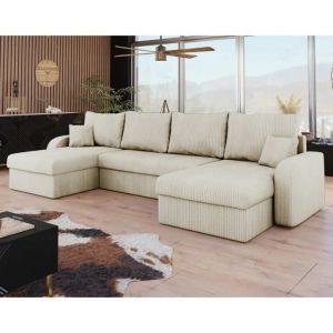 Valos - canapé panoramique en u - 7 places - convertible avec coffres - en velours côtelé - beige - Beige