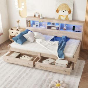 Wishdor - Lit enfant 90x200 cm avec 2 tiroirs, 2 ports usb et 2 ports de charge, rangement de chevet, t&eacute;l&eacute;commande led, sans matelas, naturel
