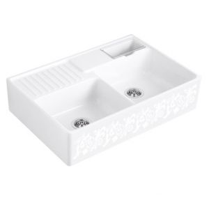 Villeroy & Boch Evier 2 cuves timbre d office Tradition, White Pearl CeramicPlus, avec vidage automatique