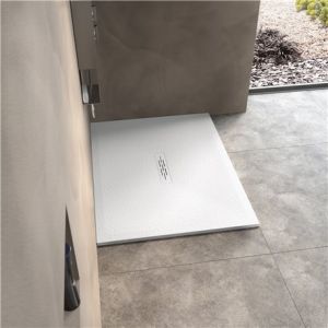 Kinedo Receveur de douche super plat épaiss. 2,6 cm kinemoon Style texture pierre lunaire anti dérapant blanc 100x100 bonde centrale extra plate