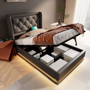 Lit coffre capitonné simple 90 x 200 cm avec fonction de chargement usb Type-C et led, en pu, noir, sans matelas