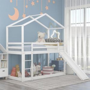 Image de Dripex Lit Maison Lit Superposé 90 x 200 cm avec toboggan et escalier,Lit Enfant avec sommier à lattes,Blanc