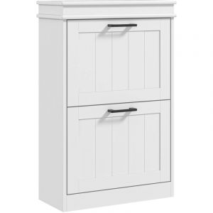 Meuble à chaussures 2 portes abattants 2 étagères poignées métal noir MDF blanc