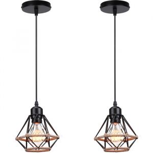 Lot de 2 Lustre Suspension Industriel Vintage Interieur Cage en forme Diamant en Métal avec Corde de Chanvre Fer Plafonnier Luminaire pour Salon