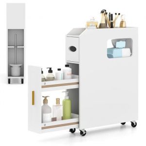 COSTWAY Meuble Toilettes WC Rangement Etroit avec Tiroir Coulissant, Boîte à Mouchoirs, Porte-Balayette Blanc