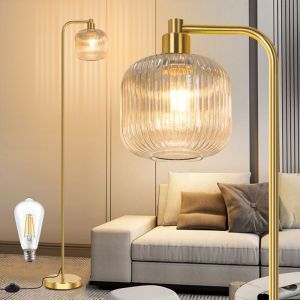Lampadaire salon avec Abat-jour en verre nervuré marron clair,ampoule LED,interrupteur à pied,base métal stable,Pour cuisine/chambre