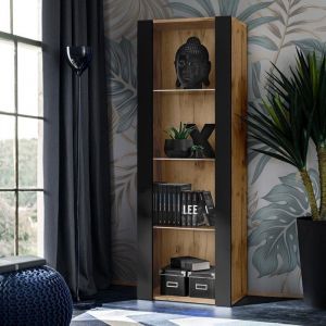 Vitrine Armoire Tivoli, Noir/Wotan, Largeur 55cm x Hauteur 159cm x Profondeur 35cm, 3 étagères, sans led, pour Salon, Chambre, Entrée - Komodee