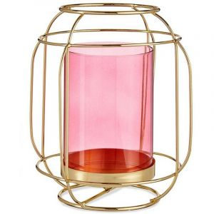 Bougeoir rose doré lanterne métal verre (19 x 20 x 19 cm)