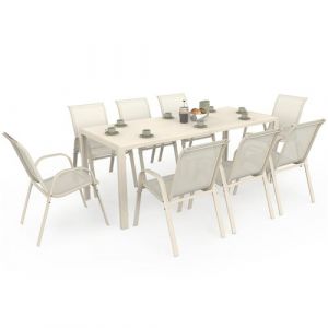 Idmarket Salon de jardin MADRID table 190 cm et 8 chaises empilables beige