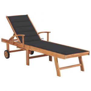 Transat chaise longue bain de soleil lit de jardin terrasse meuble d'ext&eacute;rieur avec coussin anthracite bois de teck solide 02_0012284