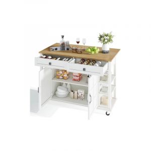 Chariot de cuisine multifonction avec plan de travail rabattable extensible &agrave; 120&times;65 cm &ndash; 2 tiroirs, grand espace de rangement, sur roulettes &ndash; pour