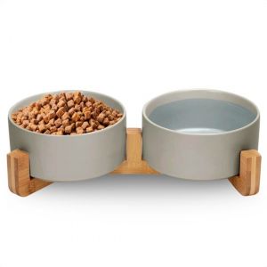 Jake and Jacky Feeding Bowl Dog and Cat Ceramic - Double Feeders with Stand - Drinking bowl - 2x 800 mL - Grey