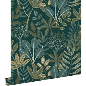 Estahome - papier peint feuilles bleu foncé et vert