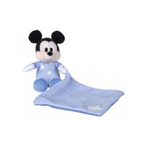 Nicotoy Peluche mickey avec mouchoir et etoile phosphorescente bleu 18 cm set - doudou disney enfant brille dans la nuit bleu