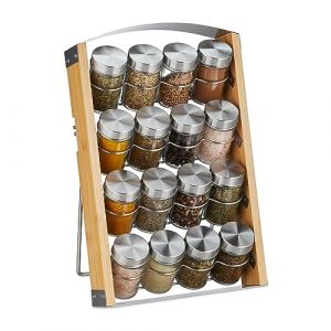 Relaxdays Support avec 16 Pots à épices, 80 ML, Range-Condiments Non Fixe, HxLxP : 37 x 23,5 x 18 cm, Nature - argenté