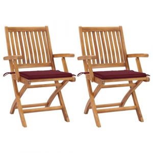 VidaXL Chaises de jardin 2pcs avec coussins rouge bordeaux Teck massif Rouge bordeaux