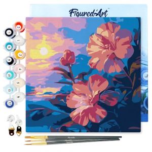 Figured'Art Mini Peinture par Numéro Adulte 20x20cm avec cadre Hibiscus au coucher de soleil - Petit Format Kit de Loisir Créatif DIY Numéro d'Art Complet