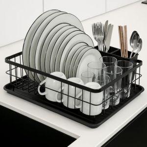 JOHSEATY porte-vaisselle métal noir mat (42x31.5x15.5cm) panier à vaisselle pour plan de travail avec porte-couverts et égouttoir en plastique pour étagère
