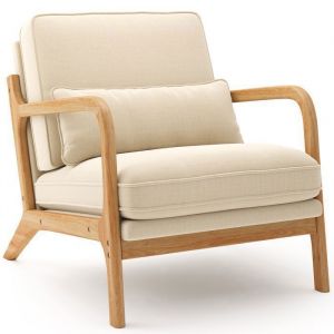Fauteuil de Salon Bealife en Bois avec Coussins en Lin pour Chambre Coin Lecture Balcon 82×65×75 cm Beige