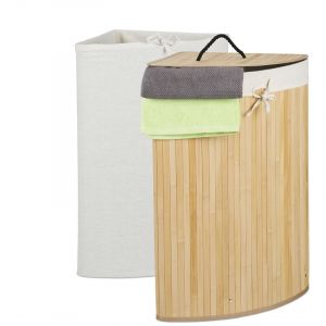 Image de Relaxdays Panier lessive en angle, bambou, corbeille pliable avec couvercle, 60 l, 2 sacs de lessive, 66x49,5x37cm,natur