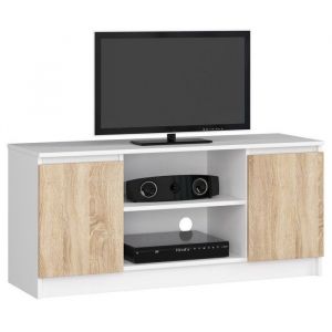 Akord - Meuble tv pour salon Blanc 120 cm 2 portes façade Chêne Sonoma 2 étagères 120x40x55 cm