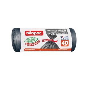 Alfapac Sacs Poubelle à Lien Large - Ultra-Résistant - 74% Recyclé et 15% Végétal - Fabrication Française - 15 x 40L, Noir
