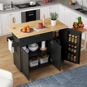 Desserte de cuisine 132.5x44-70x90cm - Chariot de service avec plateau rabattable, avec roulettes et pieds en bois - Noir