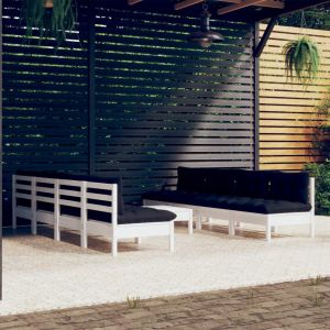 VidaXL Salon de jardin 9 pcs avec coussins Bois de pin massif - Blanc