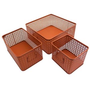 Box and beyond Lot de 3 paniers de rangement rectangulaires en métal cannage Terracotta - BOX & BEYOND