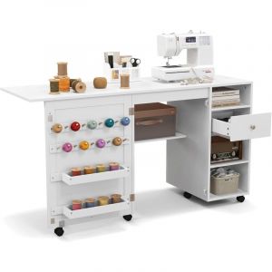 Costway - Table de Couture Pliante, Meuble Machine &agrave; Coudre avec 4 Compartiments Ouverts et 1 Tiroir de Rangement, 18 Rang&eacute;es de B&acirc;tonnets, 2