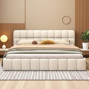 Lit Double 160x200 - Design Scandinave - T&ecirc;te de Lit Rembourr&eacute;e - Structure en Bois - Confort &Eacute;cologique