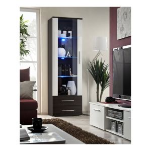 Vitrine LED Design "Neo" 190cm Wengé & Porte Blanc Brillante