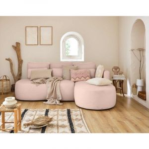 Canapé d'angle droit convertible 4 places en tissu bouclette rose