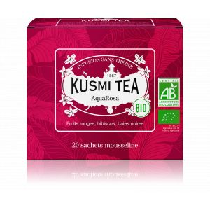 Image de Kusmi tea Infusion Bio AquaRosa - Mélange Aromatisé d'Hibiscus, Baies Noires, Fruits et Plantes - Infusion sans Théine, Fruitée et Gourmande, à Déguster Chaud ou en Thé Glacé - 20 Sachets Mousseline