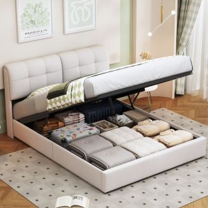 Fortuna Lai - Lit coffre 160x200cm - lit double avec sommier &agrave; lattes et t&ecirc;te de lit led avec motif carr&eacute; - en flanelle beige