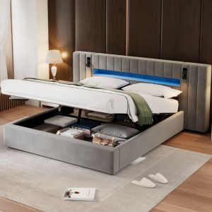 Lit coffre 180x200 cm avec port usb, lit double tapissé, led, lit adulte avec lampe de chevet, sans matelas, velours, gris