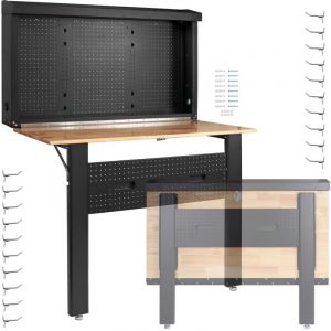 wiltec Tabli mural pliant sur pieds – 1205 x 265 x 950 mm – 200 kg max. – en Acier et bois – avec Panneau d'accrochage – Banc de travail atelier