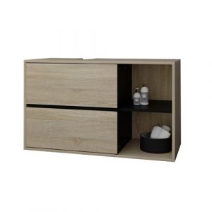 Meuble bas de lavabo suspendu, marron-noir, 100x60x45,5 cm, meuble bas de salle de bain 2 tiroirs, &eacute;tag&egrave;re, beaucoup d'espace de rangement, meuble