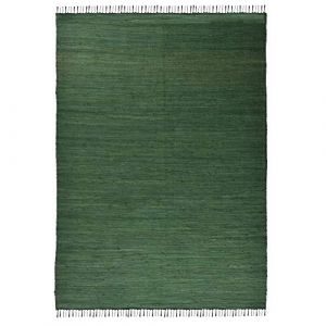 Theko Dhurry Happy Cotton Tapis tissé Plat en 100% Coton, tissé à la Main, Lavable, utilisable des Deux côtés, 160 x 230 cm, Vert foncé