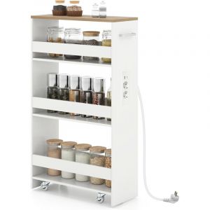 COSTWAY Chariot de Rangement Roulant 20 cm, Mltiprise avec Ports USB, Desserte de Cuisine &agrave; 4 Niveaux, roulettes avec Frein et Poign&eacute;e Lat&eacute;rale,