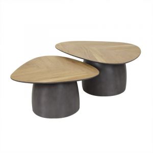 ERONE - Lot de 2 tables basses en bois de teck piètement métal noir